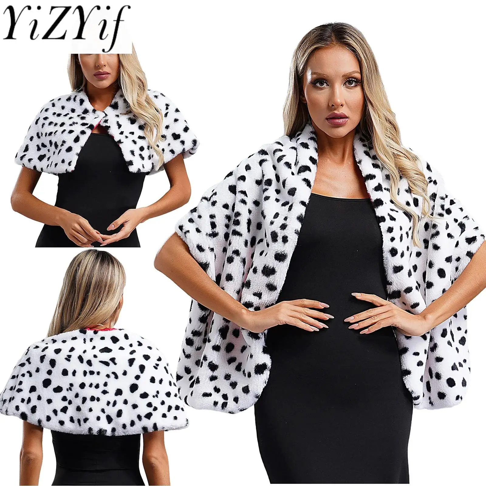 

Women Artificial Fur Cape Shrug Dalmatian Print Shawl Scarf Cosplay Halloween Masquerade Theme Black White Stole Accessories
