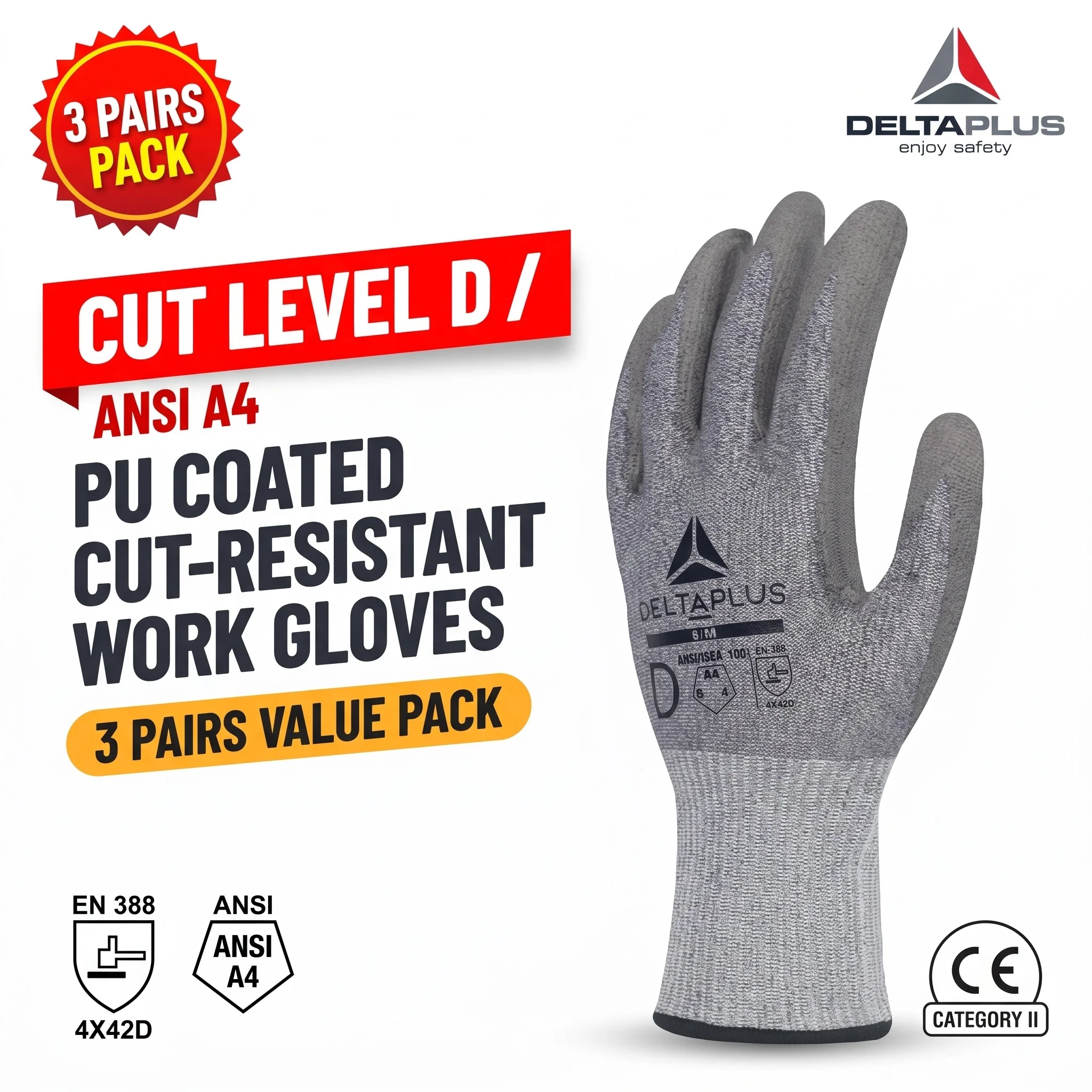 DELTAPLUS Cut Resistant Work Gloves Level D PU Coated Safety Protection Mechanic Construction Working Gloves 3 Pairs VENICUTD08