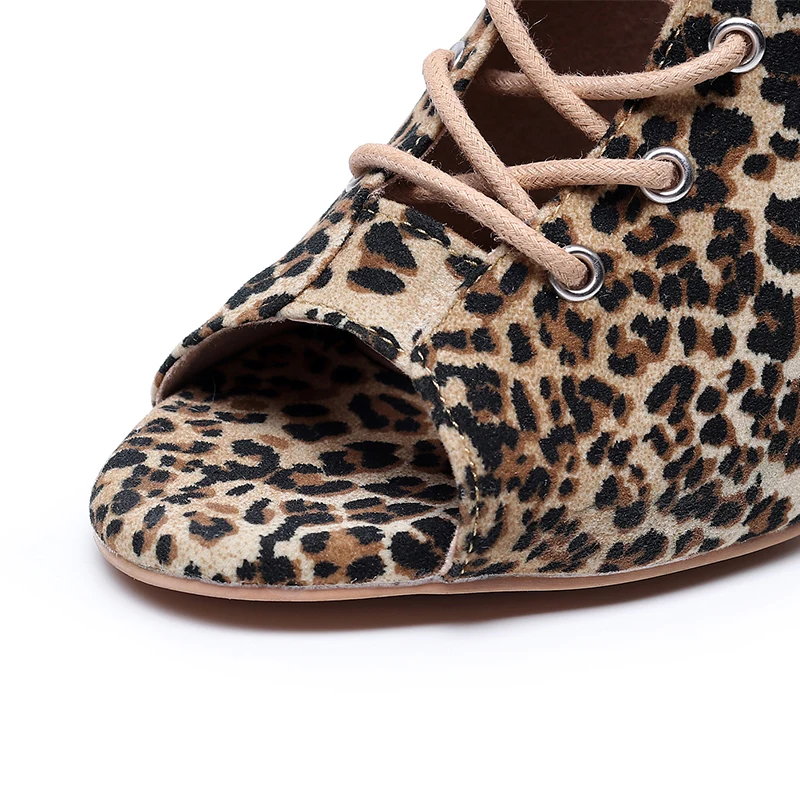 Woman Latin Ballroom Leopard  Print Modern Dance Shoes Suede Rubber Sole Jazz salsa Cuban Slim Heels Ladies Open Toe Ankle Boots