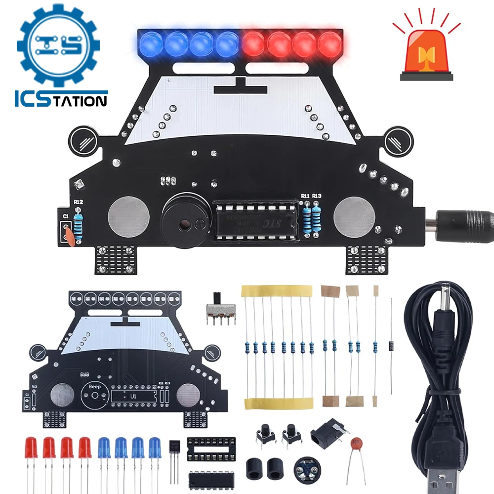 DIY Electronic Kit Car Shaped Red Blue LED 2 Flashing Speeds Soldering Project Practice Simulated Siren for Students Learning