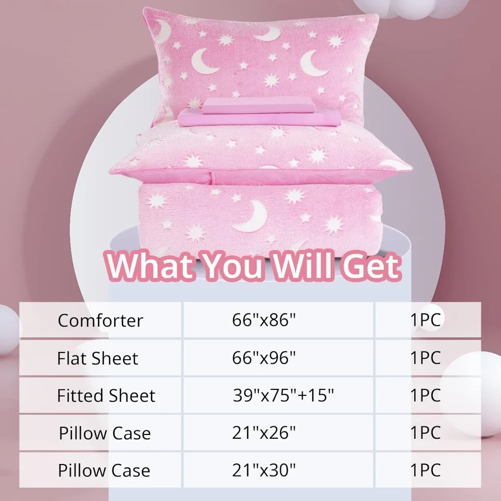 HOMBYS Conjunto de edredom que brilha no escuro 5 peças Twin/Twin XL com lençóis, conjuntos de edredom de cama de veludo rosa para cama de solteiro, Ultra S