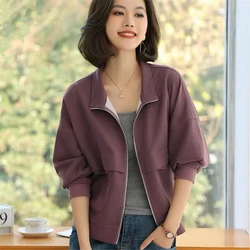 Pure Cotton Jacket Women's Solid Color Hoodie New Short Loose Jacket Cardigan Top Trendy