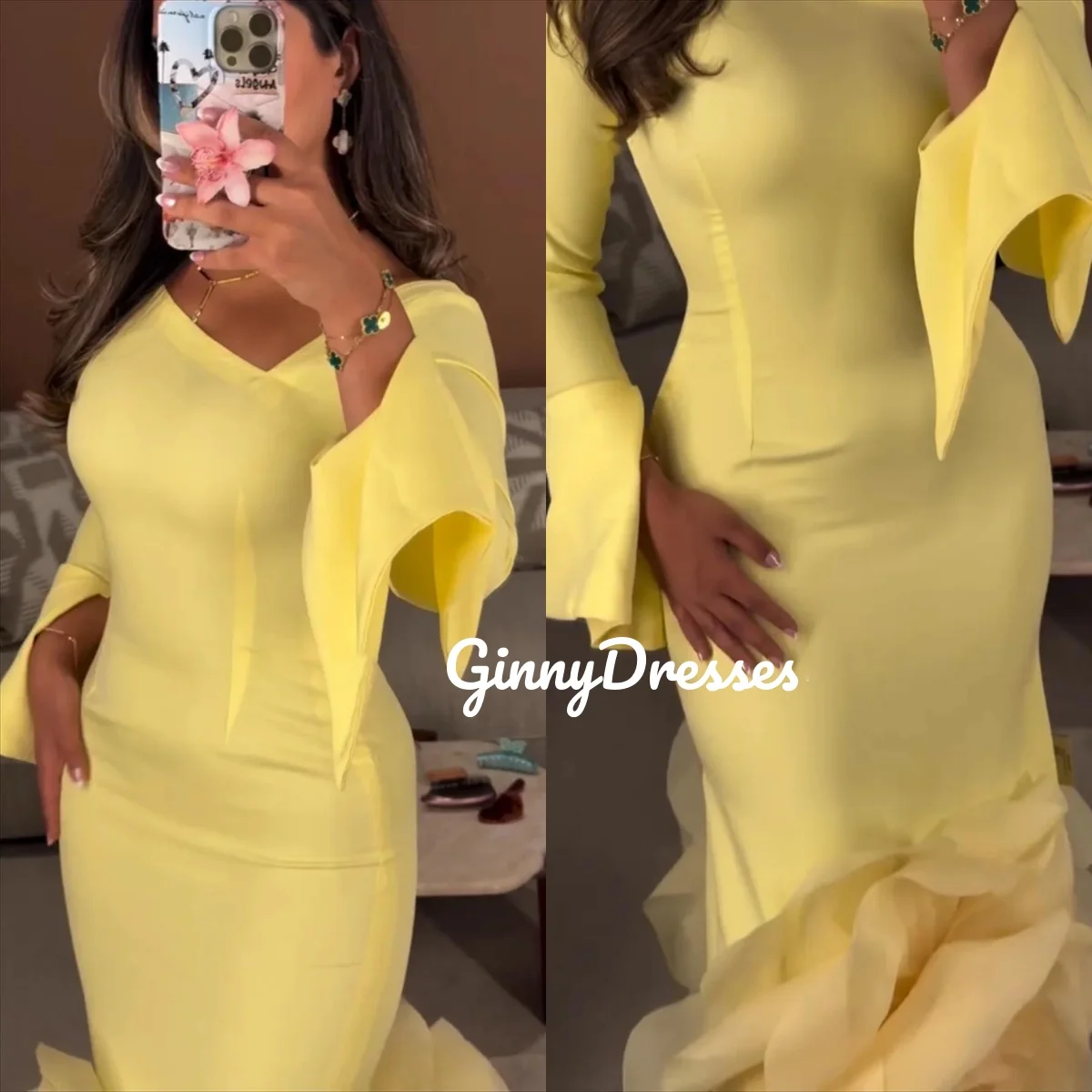 

Yellow Customize Dresses For Women A-Line V-Neck Floor-Length Zipper Up Women'S Evening Dresses Long Sleeves Vestidos De Fiesta