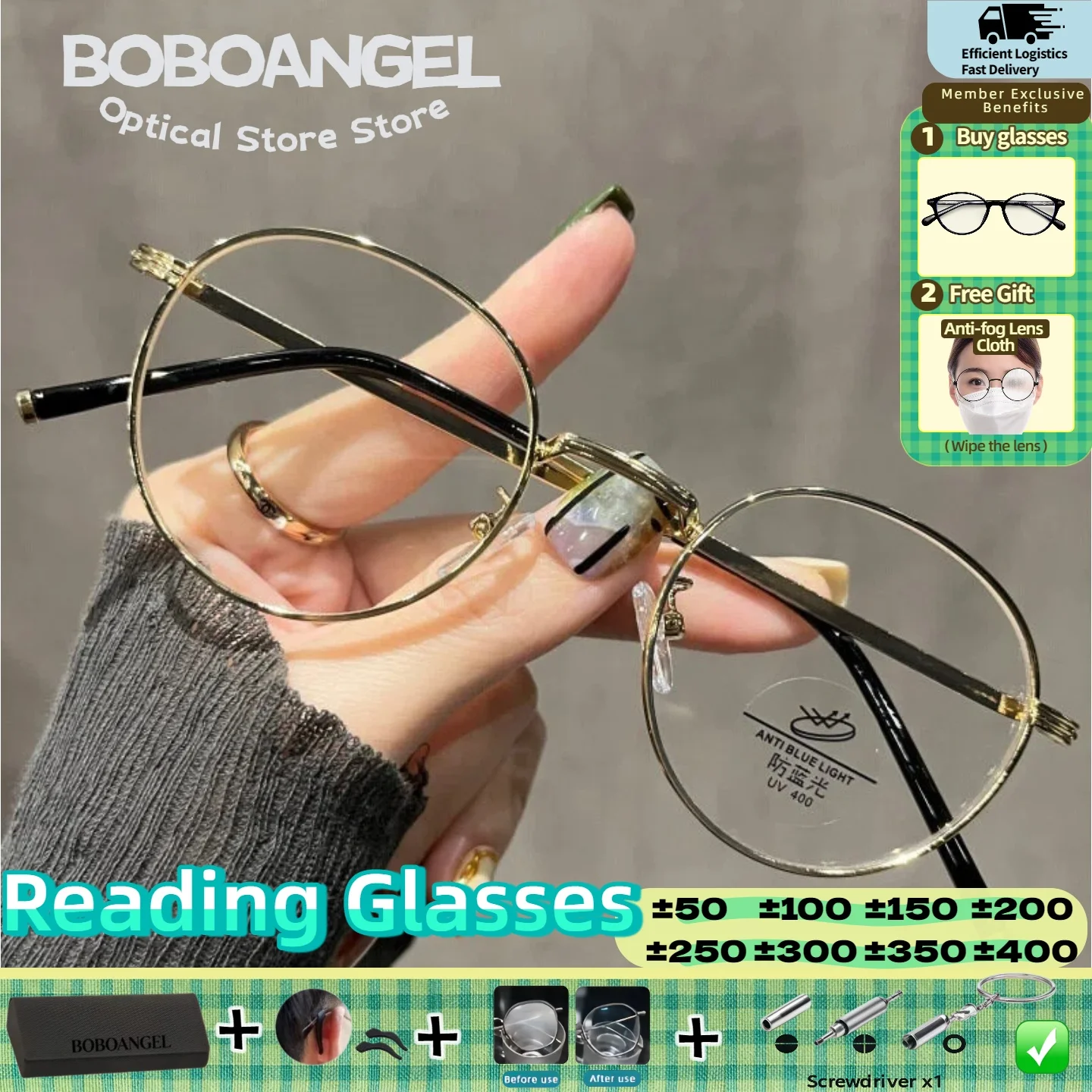 

BOBOANGEL Women Classic Vintage Gold Round Prescription Myopia Glasses Progressive Glasses Blue Light Filter Reading Eyeglasses