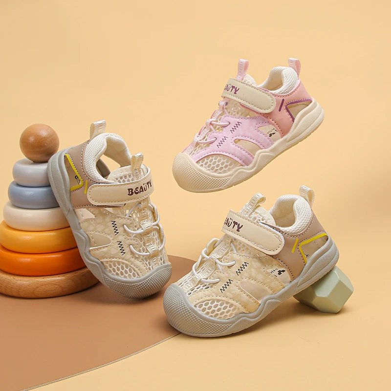 Toddler Baby Breathable Hollow Mesh Walking Sandals Color Block Patchwork Anti-Collision Closed Toe Single Hook And Loop Strap F