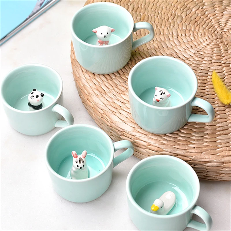 New Creative Ceramic Cup coffee Mug 3D Milk Cup Animal Inside Cute Cartoon Panda Bunny Kitten Puppy Tee Cup Celadon Cup