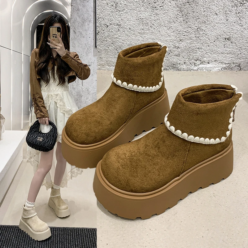 

Thick-soled, Round-toed, Rear Zipper Waterproof Platform, Versatile, Comfortable, Anti-slip and Breathable Women's Ankle Boots