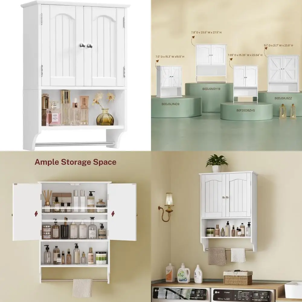 

Over-the-Toilet Wall Cabinet with Adjustable Shelves & Towel Bar, White Storage Solution for Bathrooms and Living Spaces