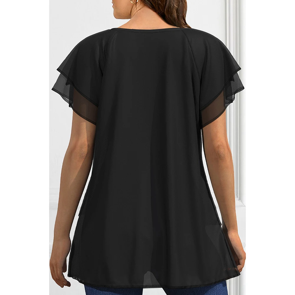 Camisa asimétrica de talla grande para mujer, camisa informal de gasa púrpura oscura, manga con volantes, dobladillo en capas