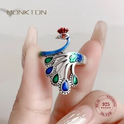 Monkton Wholesale Silver Color Peacock Rings for Women Jewelry Live Burn Blue Craft Phoenix Animal Ring 2023 Trend