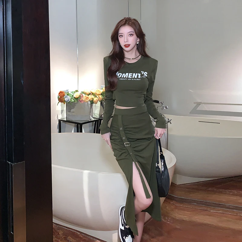 Women Autumn 2023 Korean Style Girl Personality Pleated Irregular Long Skirt + Grunge Green Drawstring Split Skirt 2 Pieces Suit