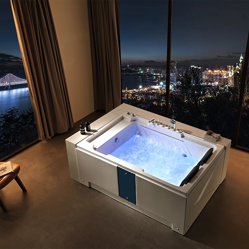 Whirlpool BathTwo-Pillar Freestanding Rectangular White Acrylic Bathtub Stylish Design Bathroom Massage Bathtub