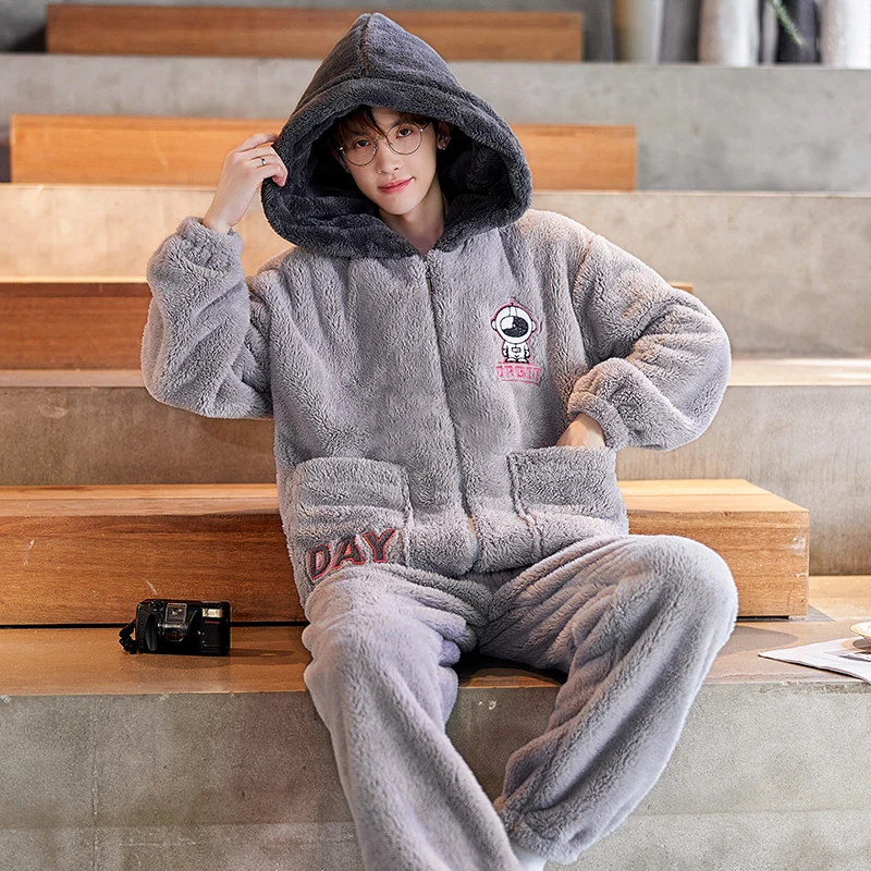 

DAIMELU пижамы с длинными рукавами, мужские зимние пижамы из кораллового флиса с капюшоном и молнией, зимняя одежда для отдыха, студенческий комплект одежды для сна