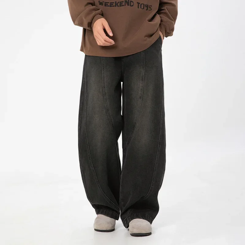 

2025 Spring New Fashion Men's Casual Trendy Washed Vintage Solid Color Loose Wide Leg Denim Trousers Male Jeans Pants Clothes
