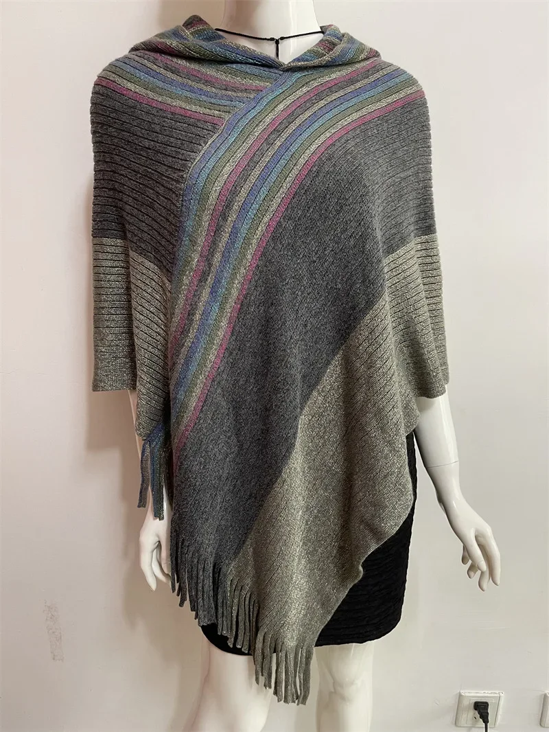 

Cloak shawl Hat Colorful Silk new style European American Spring Autumn Women Tassel Double-purpose Imitation Cashmere Gray