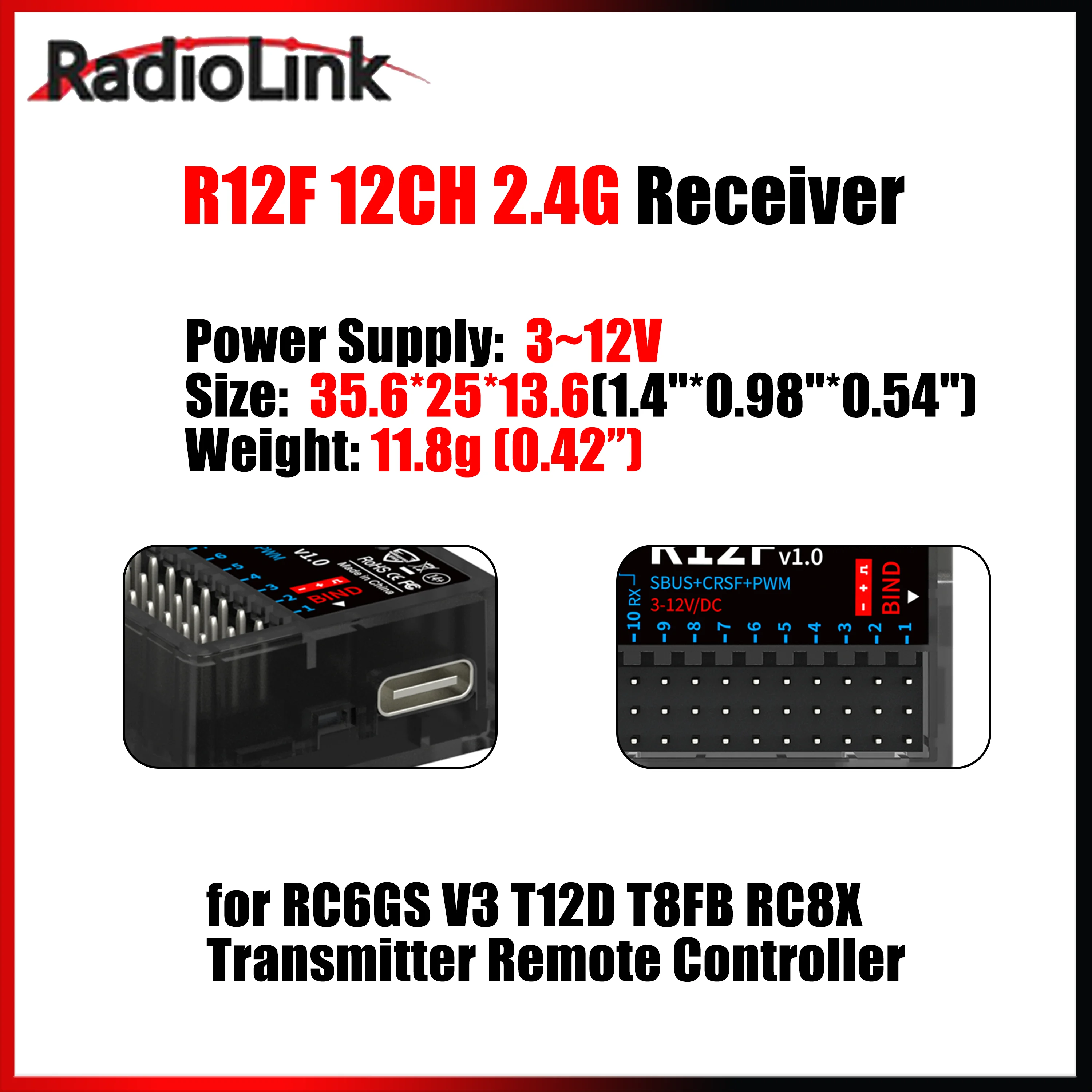 Radiolink R12F 12 Channel 2.4G Receiver Built-in Simulator Program with Voltage Transmission & Telemetry for RC Plane Car Parts