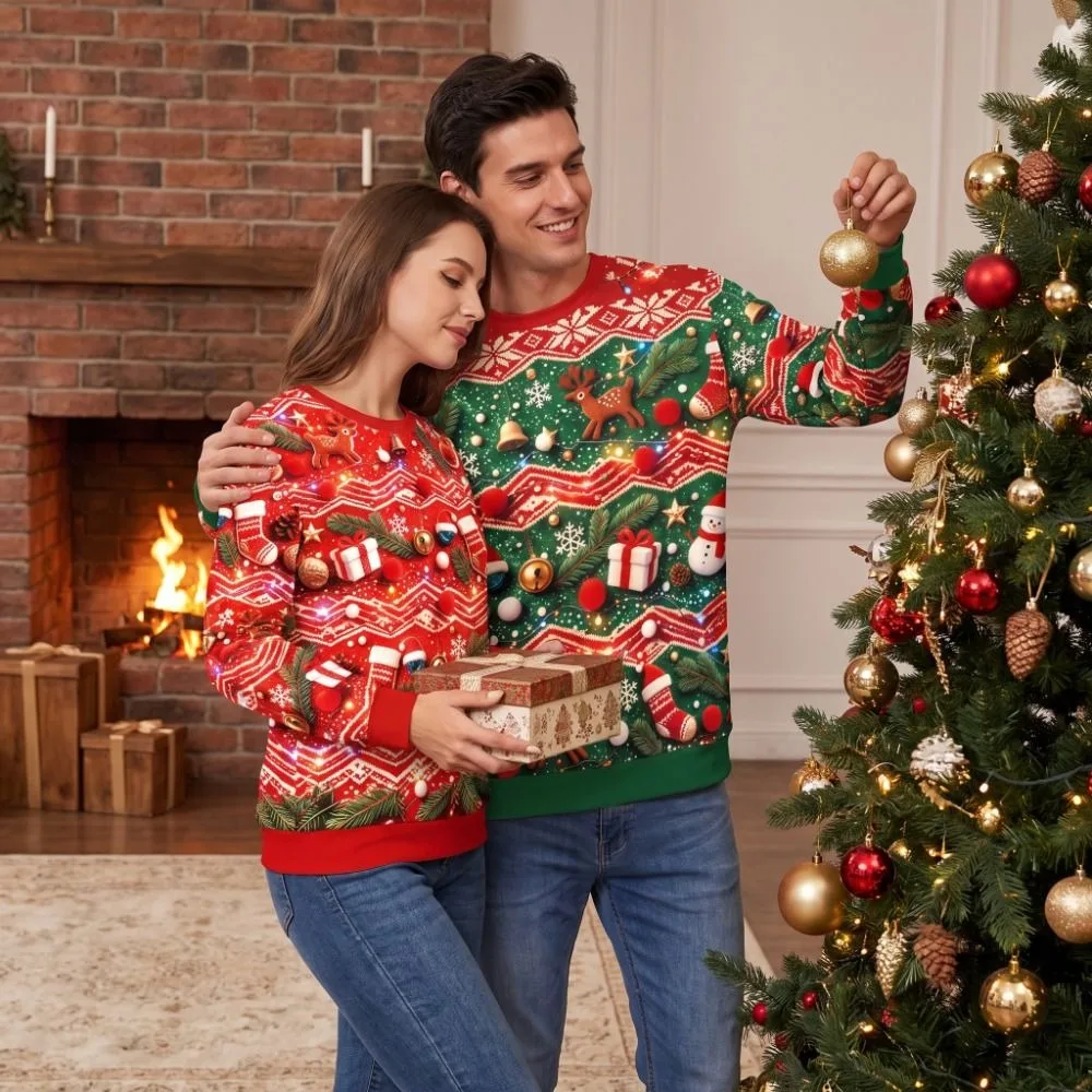 Top 3D Digital Print Christmas Sweatshirt Long Sleeve Red Christmas Crewneck Festive Casual Santa Claus Pullover Christmas Party