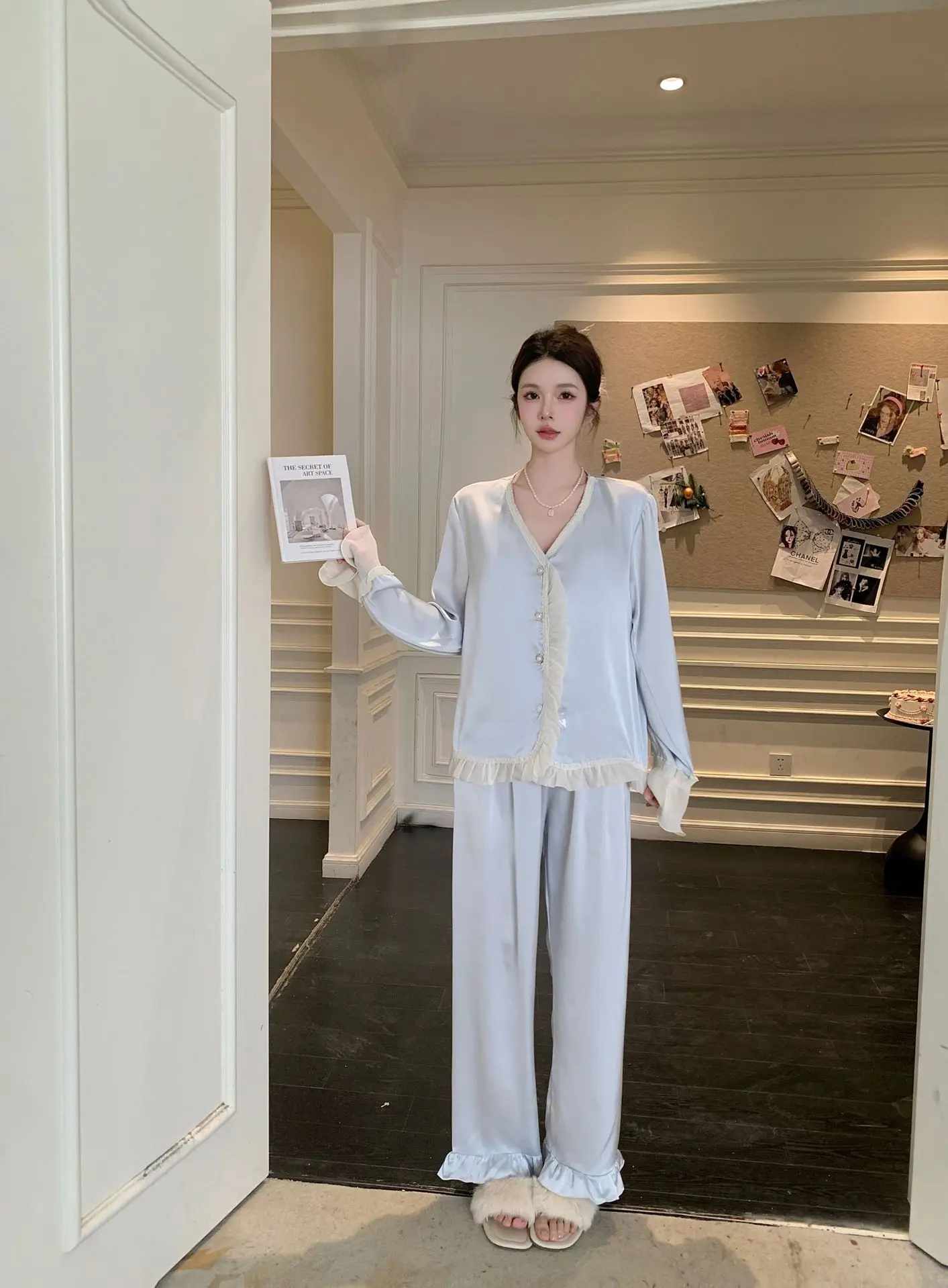 

Women Blue Pajamas Set Sweet Lotus Leaf Sleeve Shirt&pants Rayon Homewear Girl Loose Nightwear Pyjamas 2Pcs Outfit Loungewear