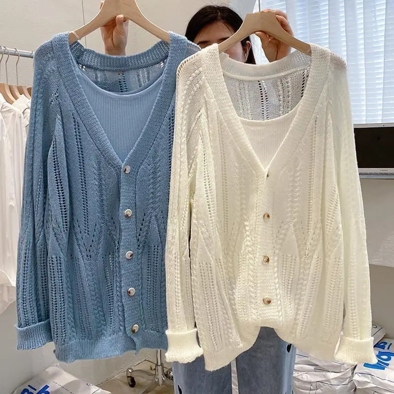 

Plus Size 6XL 150kg Spring Sweater Jacket Women Knitting Tops Hollow Out Pure Color Large Size Sweater Outwear