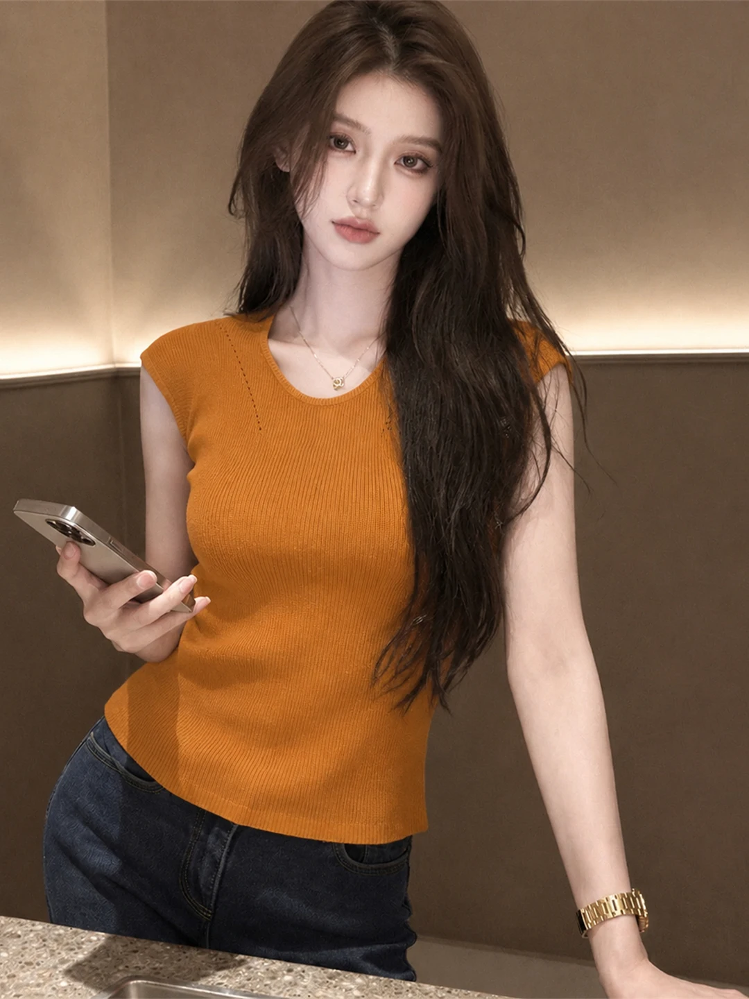 Elegant Korean Style Knitted Ice Silk Top Women's Skin-friendly Crew Neck Summer Fashion Simple Striped Casual Shirt