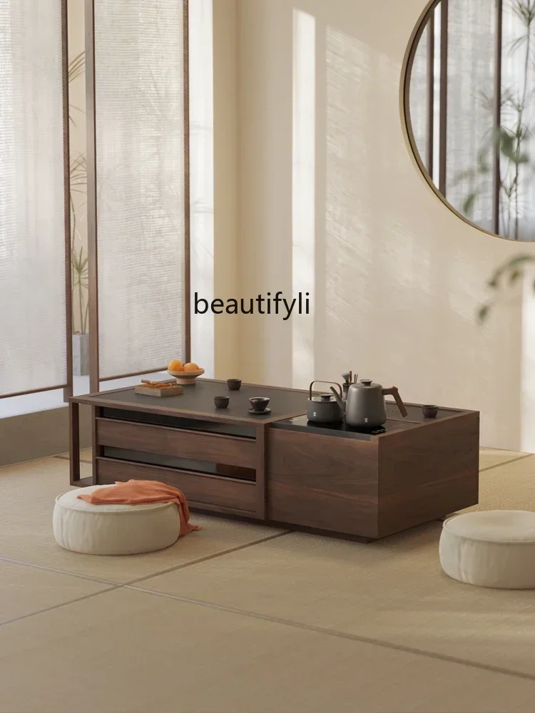 A76  Black Walnut Lifting Tea Table New Chinese Household Solid Wood Stone Plate Tea Making Tea Table Integrated Modern Intellig