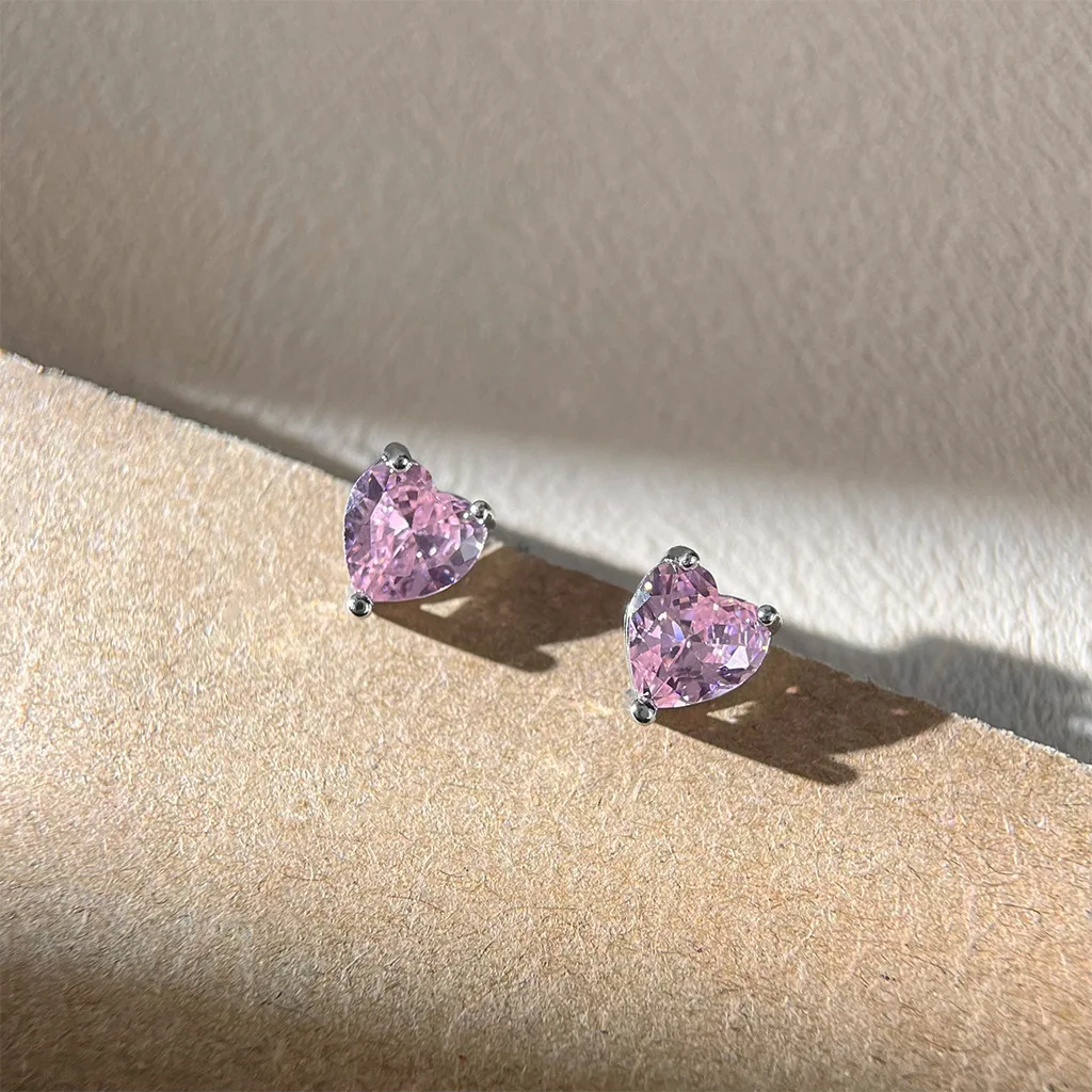 Pink Color CZ Crystal Stud Earrings for Women Korean Sweet Jewelry Female Birthday Friend Christmas Gift