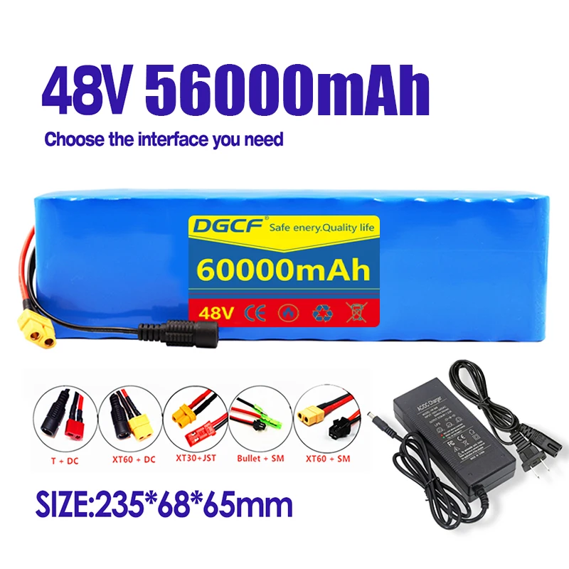 New 13S3P 48V60Ah 1000WDC+ XT60 48V Lithium Ion Battery Pack with BMS 48v Battery 48v Lithium Battery 54.6V Charger