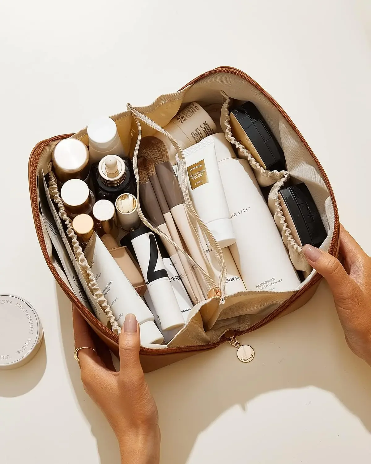 Borsa per il trucco da viaggio EACHY, borse per cosmetici di grande capacità per le donne, borsa da toilette piatta aperta con custodia portatile