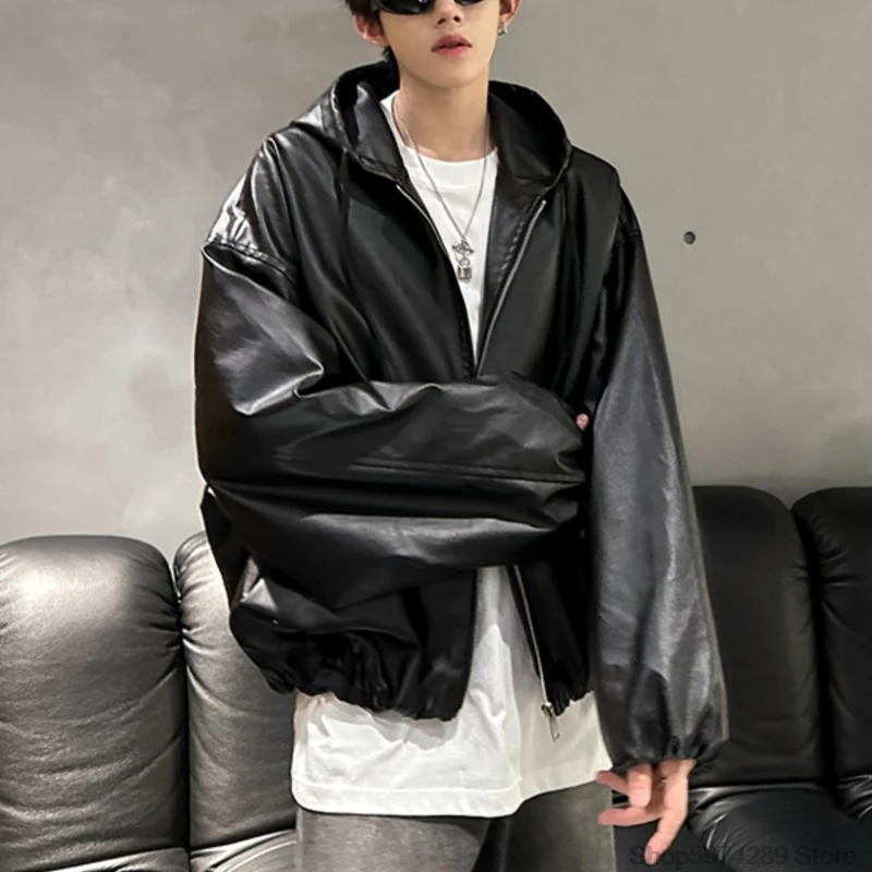 Oversized Vintage Loose Pu Leather Puff Sleeves Short Jacket Men Women Streetwear Male Zipper Retro Moto Biker Coat Outwear