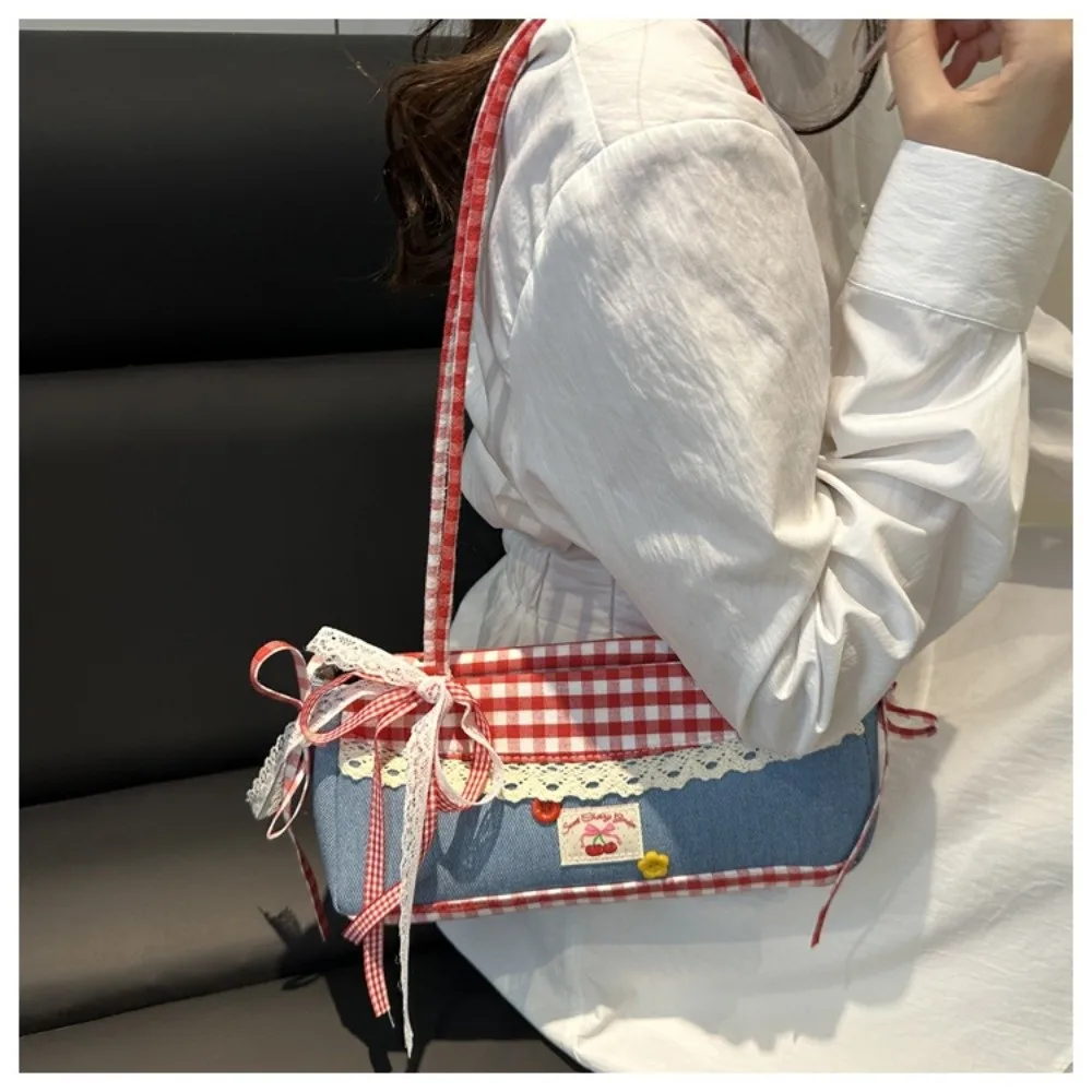 

Новая кружевная сумка через плечо с бантом и клетчатым узором, красная сумка для подмышек, текстурированная дизайнерская сумка-тоут