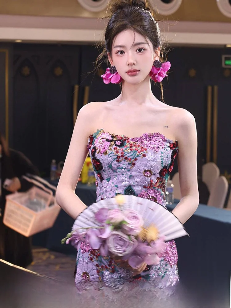 

Morning oot Wedding Dr Women's Bridesmaid Heavy Embroidery Strapl Sequin Flower Long Sve Bubble Sve Gown for Ye...