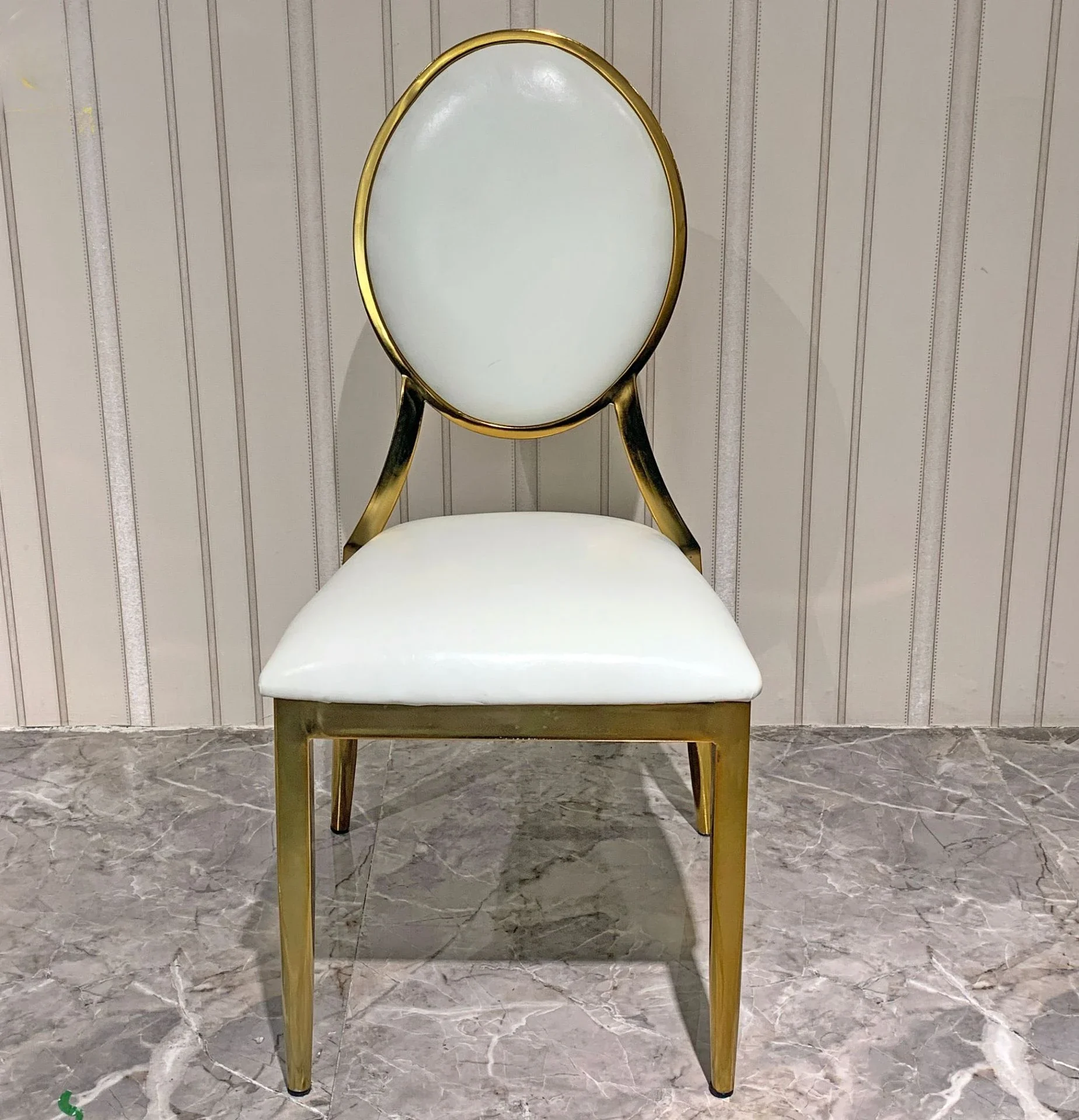 Factory direct sales hotel banquet hall dining chairs with round back gold ferroelectric plated chairs can be stacked with weddi