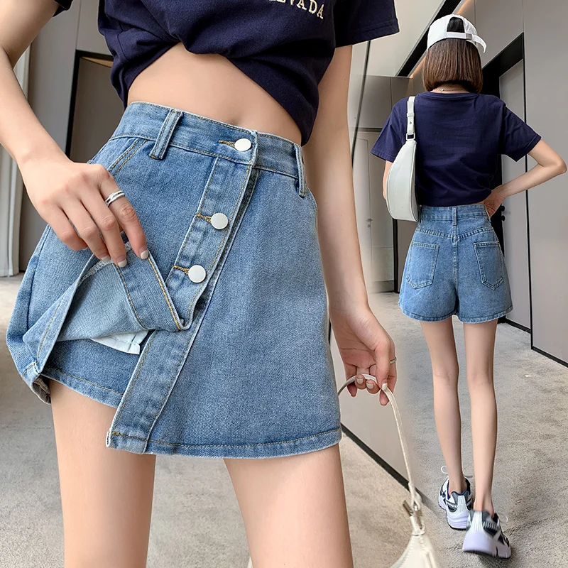 

High Waist Wide Leg Denim Shorts Women's Summer New Style Big Size Skirt Hot Trendy Jeans Skinnies Pocket Multi Functional