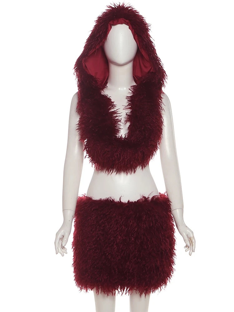 

Macheda Fashion Hottie Furry 2Piece Set Woman Lace-Up Backless Hooded Crop Tops+Skinny Peach Hip Mini Skirts Street Sexy Outfits