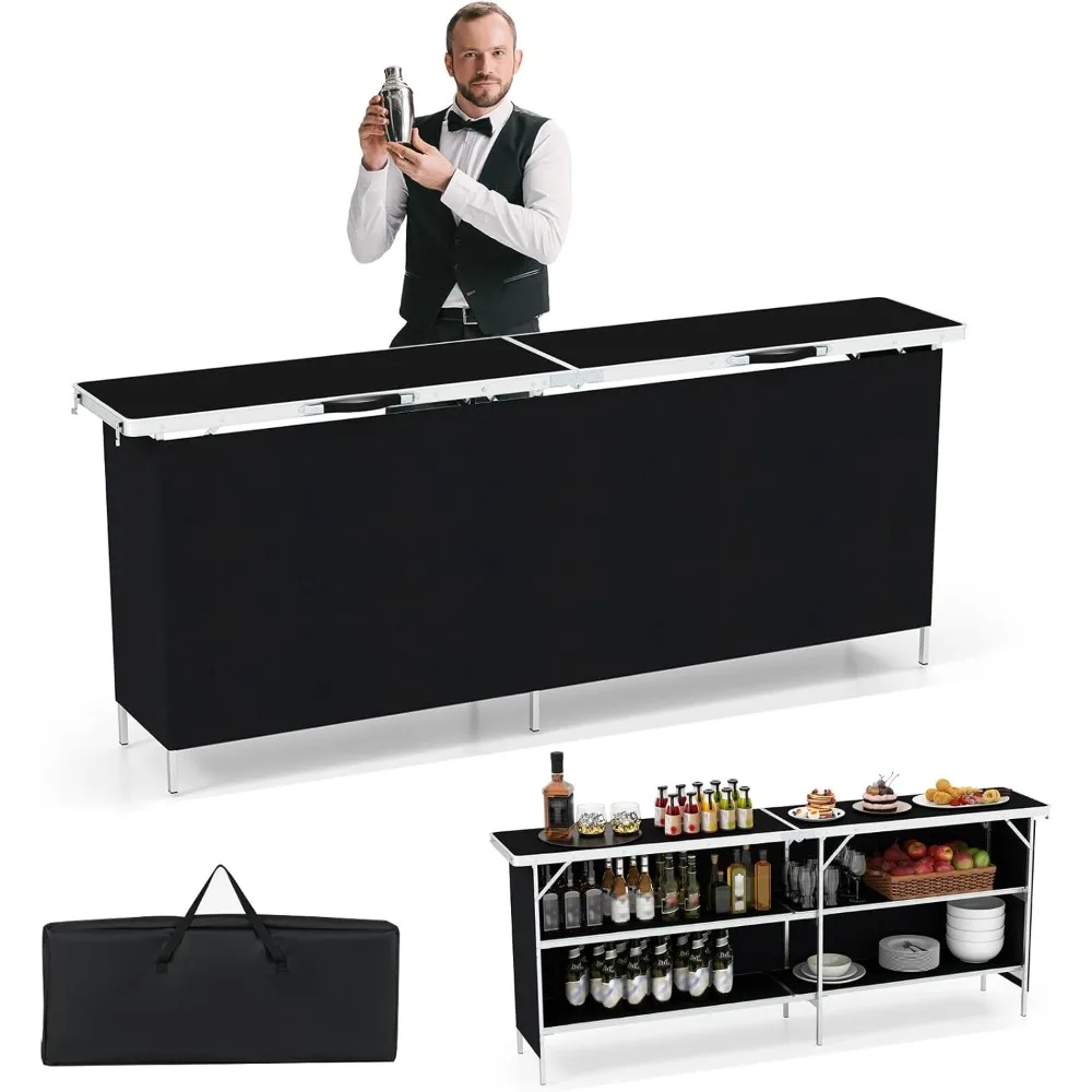 Mesa de bar portátil extra larga de 81" con estantes de almacenamiento de 2 niveles, estación de barman móvil plegable con falda extraíble