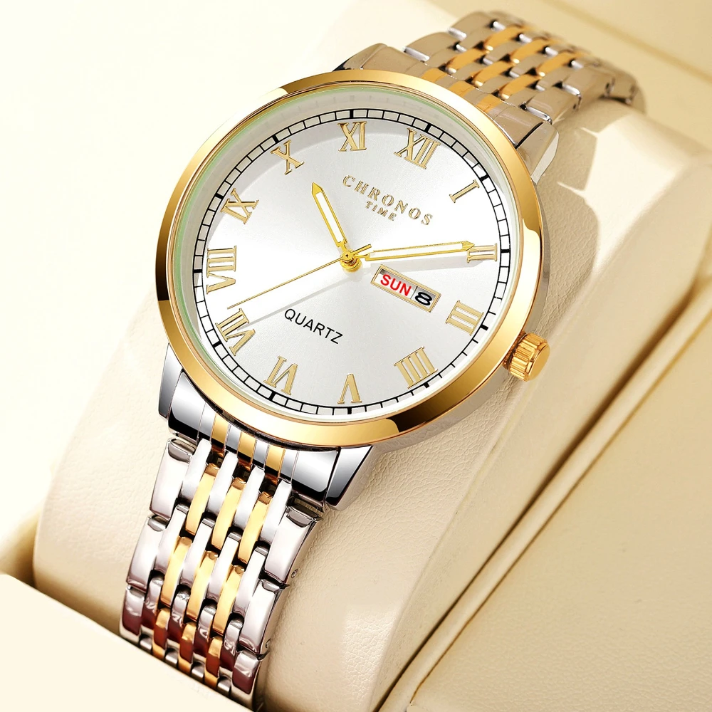 

CHRONOS Luxury Men Watch Sport Waterproof Luminous Date Week Quartz Men's Watches Business Stainless Steel Male Clock reloj+box