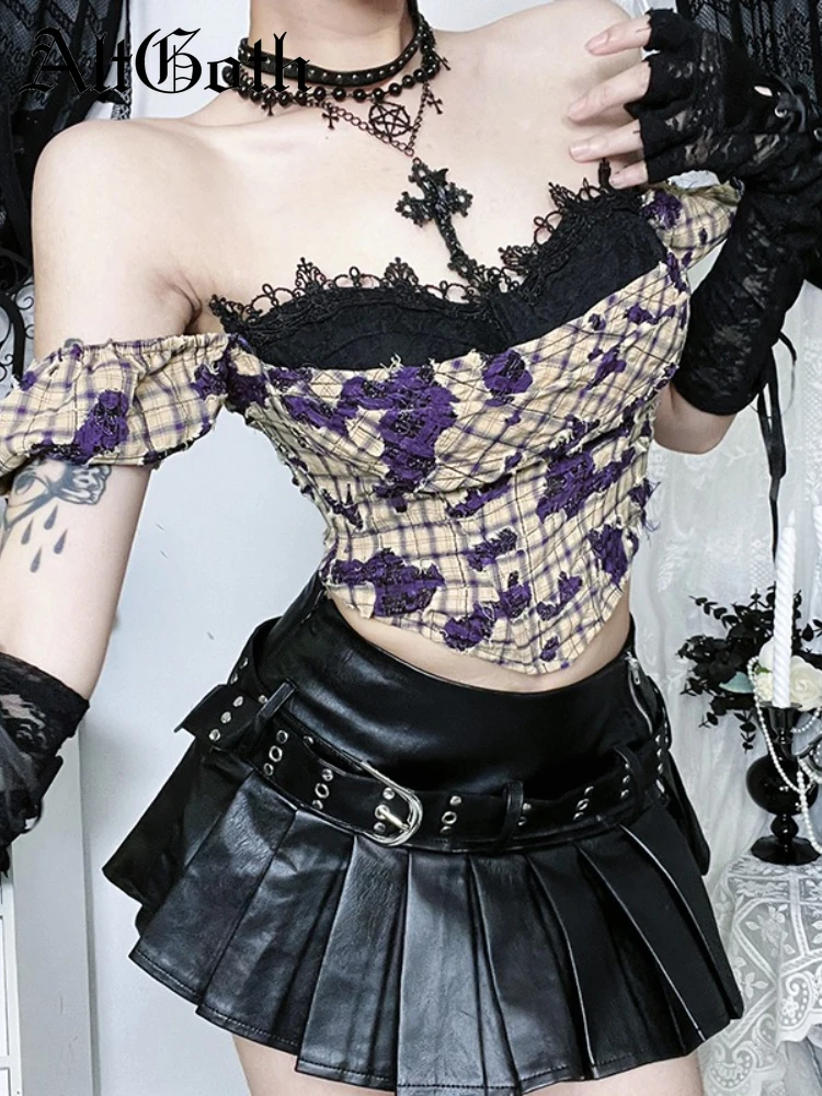 

AltGoth Y2k Cyber Punk клетчатая футболка женская темная академия готическая уличная кружевная лоскутная укороченная майка с открытыми плечами женские