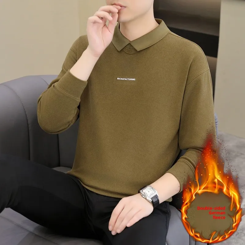 

Новая мужская толстовка-обманка (имитация двухслойности) из немецкого вельвета с воротником, длинным рукавом, для ношения под одеждой, модная, прямого кроя, осень-зима