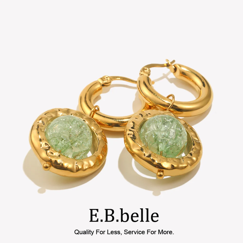 E.B.belle New Creative Green Color Round Lantern Lampwork Pendant Hoop Earring 18k Gold Plated Stainless Steel Woemn Jewelry