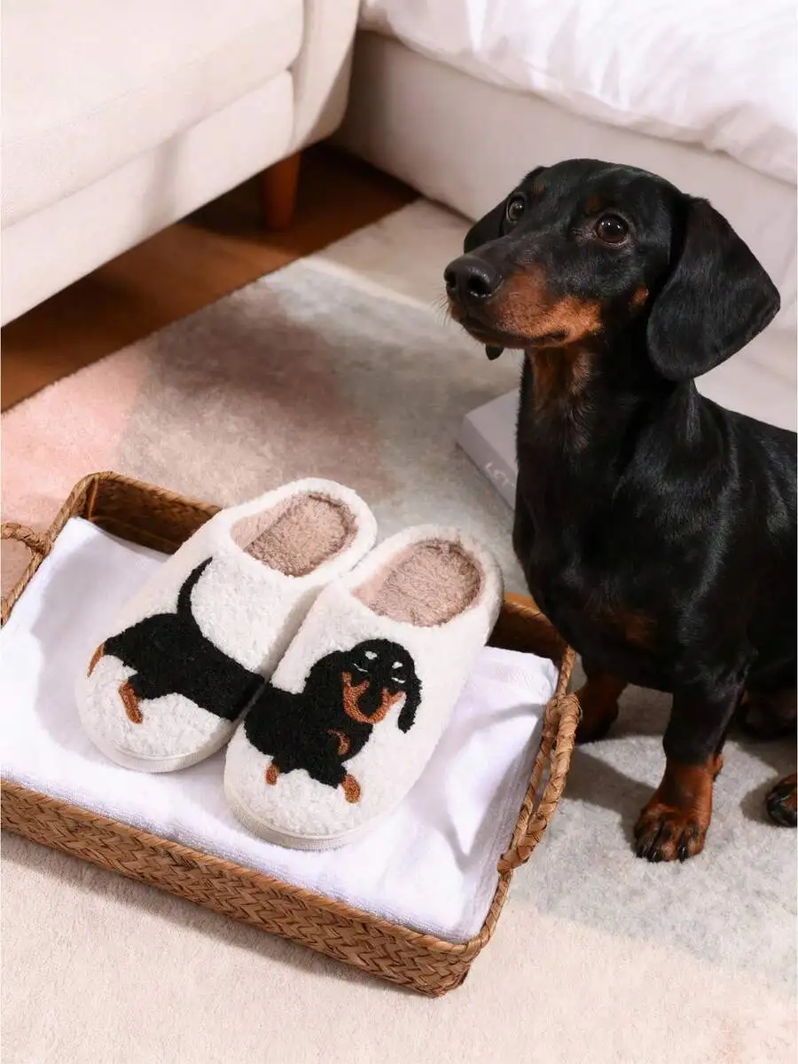 

1 Pair Couple's Cute Cartoon Animal (Cat & Dachshund Dog) Decor Fleece-Lined Warm Quiet Non-Slip
