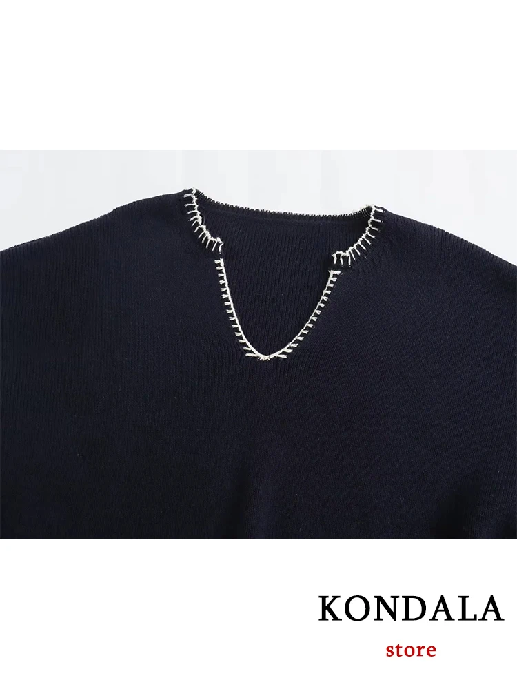 KONDALA TRAF Casual Quilt Black Knitted Oversized Sweater Women Autumn Winter V Neck Pockets Pullovers Fashion 2023 Luxury Tops