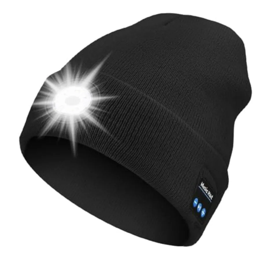 

Rotibox Bluetooth Beanie with Light, Unisex USB Rechargeable 4 LED Headlamp Hat with Wireless Headphones