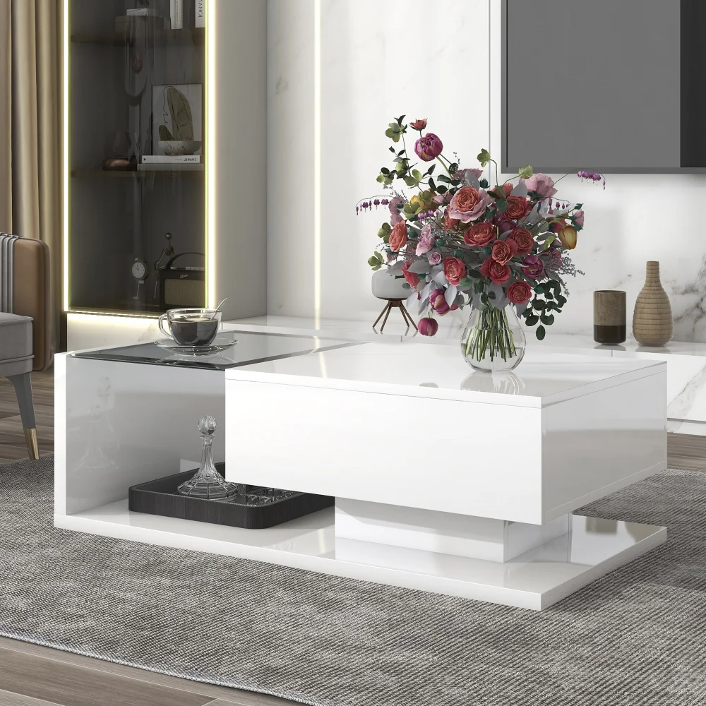 ON-TREND Modern Coffee Table with Tempered Glass Wooden Cocktail Table with High-gloss UV Surface Modernist 2-Tier Rectangle
