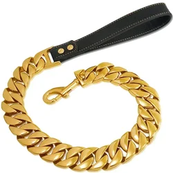 Heavy Duty Dog Chain Collar and Leash SET Stainless Steel Choke Cuban Link Gold, 32mm Bulldog Pitbull Large Dog Collar Leash
