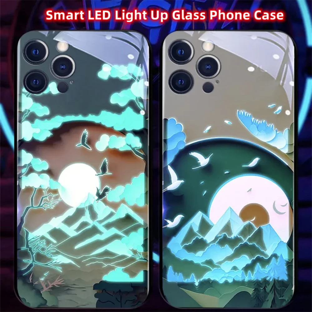 Snow Mountain Pretty Scenery Smart LED Light Glow Tempered Glass Phone Case For iPhone Air 17 16 15 14 13 12 11 Pro Max Plus view 6