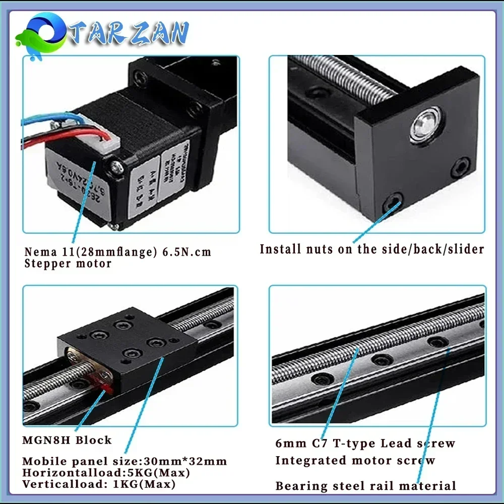 Mini T-type Sliding Table 1/4/12mm Pitch Linear Rail Stage 50/100/200/300mm Stroke Nema11 Stepper Motor TB6600 For XYZ Axis CNC