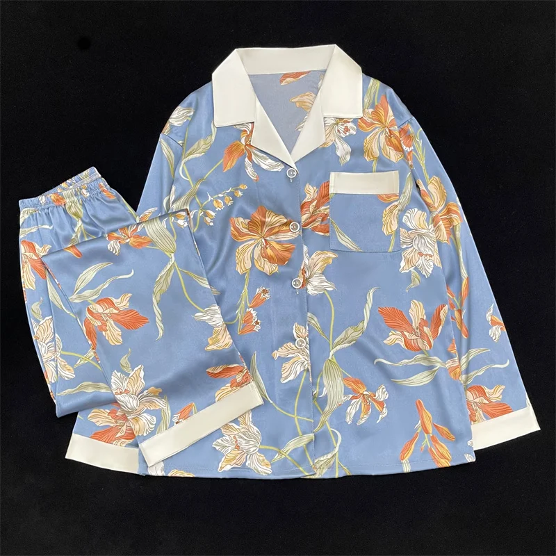 2023 Autumn New Lapel Long Sleeve 2 Pieces Pajamas for Women Ice Silk Soft Sleepwear Women Elegance Printing Flower Sleepwear