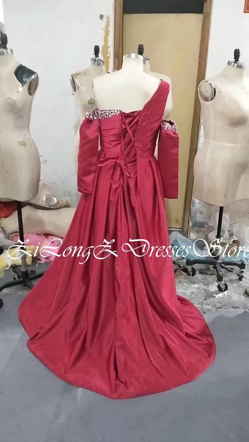 Elegant Party Dresses Woman 2024 One Shoulder Detachable Satin Sleeve Crystal A-Line Sweep Train Pleats Classic Celebrity Dubai