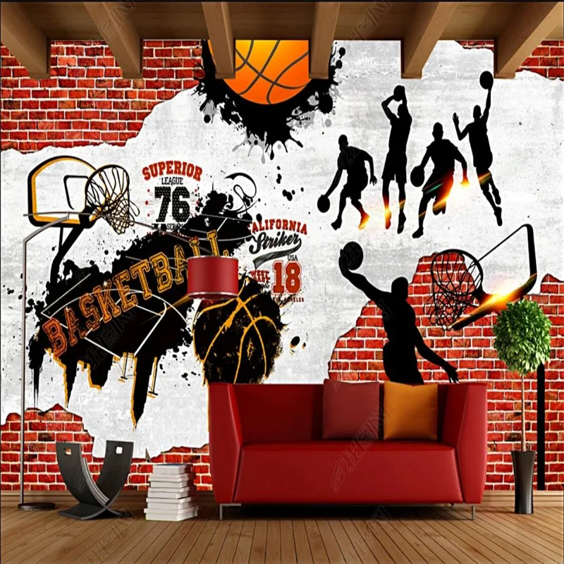 Retro Nostalgic Brick Wall Cement Wall Playing Basketball Background Wall Paper Gym Basketball Club Decor Mural Wallpaper 3D