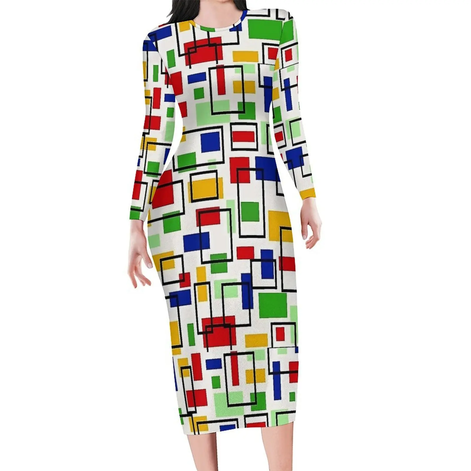 Colorful Mondrian Print Dress Women  Street Fashion Bodycon Dress Autumn Long Sleeve Elegant Dresses Custom Oversized Vestido